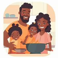 plano desenho animado ilustração do uma Preto família cozinhando dentro cozinha. generativo ai foto