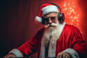 santa claus ouvindo música dentro fones de ouvido. conceito festivo fundo poster. generativo ai foto