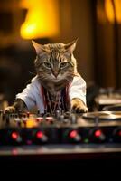 uma louco gato quem é uma dj viver conjunto e mistura música em toca discos console às etapa dentro a noite clube. generativo ai foto