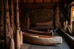 cultural de madeira esculturas, gostar tikis, borda remos ou canoa proas e popas arranjado artisticamente por aí uma colmo cobertura cabana. generativo ai foto