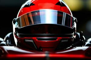 extremo fechar-se do a frente do uma vermelho Fórmula 1 capacete com reflexões do a raça rastrear e carros dentro a viseira. generativo ai foto