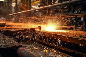 imagem do faíscas vôo durante a aço fabricação processo, capturando a energia e artesanato envolvido dentro aço Produção. generativo ai foto