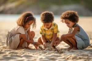 multiétnico crianças jogando em de praia areia dentro lindo ensolarado verão dia. generativo ai foto