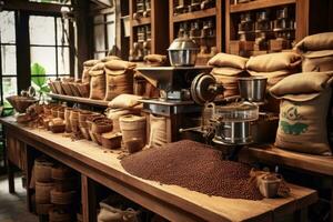 rústico de madeira café em processamento estação, com bolsas do café feijões empilhado ordenadamente, transmitindo a artesanato e atenção para detalhe envolvido dentro a café Produção processo. generativo ai foto