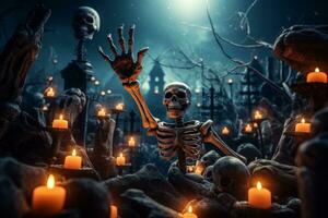 esqueleto zumbi Aumentar a partir de uma cemitério. dia das Bruxas abóboras iluminado dentro uma Sombrio assustador cemitério às noite. generativo ai foto