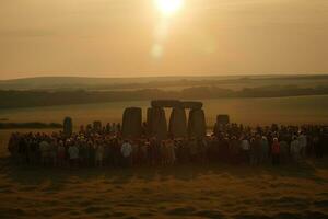 local pessoas e turista a comemorar verão solstício às stonehenge. generativo ai foto