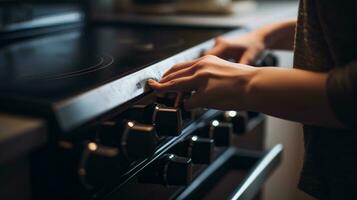 mão trocando em gás em uma forno. generativo ai foto