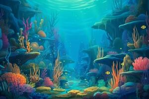 ilustração embaixo da agua cena com coral recife e exótico peixe. generativo ai foto