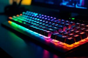 trabalhando em uma néon computador teclado com colori retroiluminação. computador vídeo jogos, hackear, tecnologia, Internet conceito. generativo ai foto