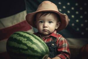 bebê vaqueiro segurando Melancia com americano bandeira em fundo. generativo ai foto