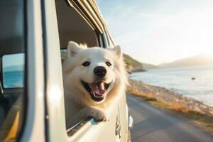 feliz cachorro com cabeça Fora do a carro janela tendo Diversão e desfrutando estrada viagem.. generativo ai foto