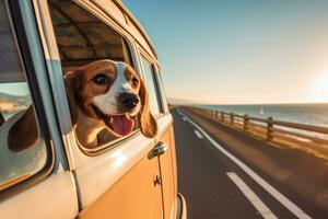 feliz cachorro com cabeça Fora do a carro janela tendo Diversão e desfrutando estrada viagem.. generativo ai foto