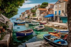 uma encantador tiro do uma pequeno pescaria Vila em a croata costa, com colorida edifícios e barcos dentro a Porto. a pitoresco costeiro aldeias do Croácia. generativo ai. foto