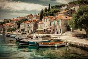 uma encantador tiro do uma pequeno pescaria Vila em a croata costa, com colorida edifícios e barcos dentro a Porto. a pitoresco costeiro aldeias do Croácia. generativo ai. foto