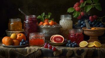 relacionado a geléia Unid, tal Como vidro frascos do vários fruta geléias, uma prata colher, fresco fruta, e uma delicado renda guardanapo. generativo ai foto