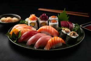 uma delicioso Sushi prato, apresentando uma variedade do fresco peixe, Sushi rolos, e elegante enfeites, apresentado em uma lustroso, moderno placa. generativo ai. foto