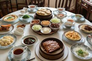 uma delicioso, chinês refeição, destacando uma variedade do pratos tal Como Pequim pato, mapo tofu e dumplings, servido em uma preguiçoso susan ou ampla mesa, encorajando partilha e união. generativo ai foto