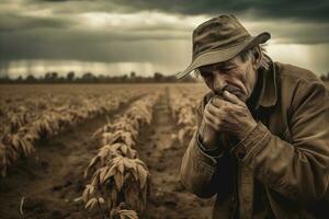 a agricultor sombrio e desesperado expressão em seus face. uma Fazenda debaixo seca, estéril chamuscado Campos Como longe Como a olho pode ver. uma poucos doente cultivo bastão fora, torcido e morrendo. generativo ai foto