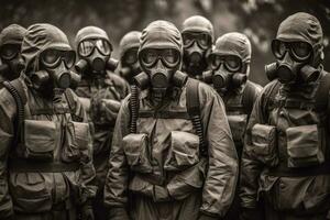 uma grupo do uma militares unidade, posando dentro uniforme e vestindo gás máscaras. mas lá é uma sentido do sombrio determinação em seus rostos, sugerindo elas estão preparado para face qualquer perigoso ameaça. generativo ai foto