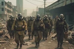 uma linha do soldados marcha dentro formação, todos vestindo gás máscaras e hazmat se adequa. entrando a abandonado, cidade este parece para ter fui devastado de químico ou biológico armas. generativo ai foto