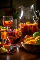 uma colorida sangria , exibindo uma ampla jarro preenchidas com vermelho ou branco vinho, fresco fruta, e uma respingo do conhaque, acompanhado de óculos preenchidas com a refrescante bebida. generativo ai foto