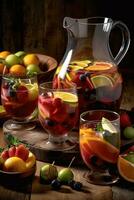 uma colorida sangria , exibindo uma ampla jarro preenchidas com vermelho ou branco vinho, fresco fruta, e uma respingo do conhaque, acompanhado de óculos preenchidas com a refrescante bebida. generativo ai foto