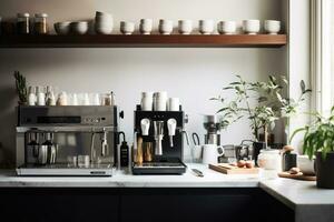 uma moderno, minimalista casa café Barra , apresentando uma lustroso espresso máquina, uma coleção do à moda canecas, e a sortimento do fazer café acessórios, contemporâneo pano de fundo. generativo ai foto