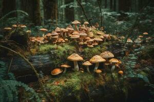 uma cogumelo correção, centenas do variedades do psicodélico cogumelos crescendo em Histórico dentro uma floresta. seguro natural medicamento, não regulamentado e não processado. generativo ai foto