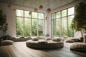 uma pacífico imagem do uma meditação sala. a imagem poderia mostrar uma quieto quarto com pessoas sentado em almofadas e meditando. silenciado cor paleta para crio uma sentido do tranqüilidade. generativo ai foto