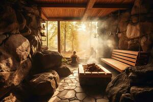 uma relaxante cena do uma sauna. a imagem mostrar uma sauna quarto com pessoas sentado em de madeira bancos e vapor Aumentar a partir de a pedras. caloroso cor paleta para crio uma sentido do relaxamento. generativo ai foto