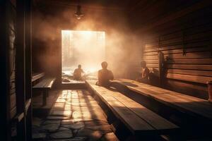 uma relaxante cena do uma sauna. a imagem mostrar uma sauna quarto com pessoas sentado em de madeira bancos e vapor Aumentar a partir de a pedras. caloroso cor paleta para crio uma sentido do relaxamento. generativo ai foto