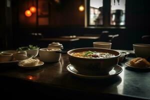 uma esquentar, vapor tigela do quente e azedo sopa, Wonton sopa, apresentando a matriz do sabores e ingredientes, conjunto dentro uma aconchegante, atmosférico chinês restaurante. generativo ai foto