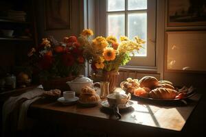 uma esquentar, iluminado pelo sol cozinha mesa, conjunto com uma vapor Panela do café, uma cesta do recentemente cozido croissants. generativo ai. foto