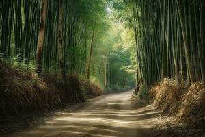 uma enrolamento estrada através uma bambu floresta. denso floresta estrada, silêncio e harmonia em meio a a bambu. generativo ai. foto