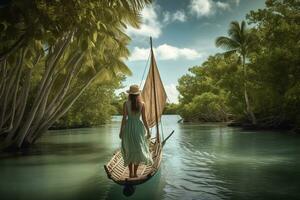 uma mulher com de madeira barco a vela Como isto em a cristal turquesa águas, passado praias franjado com coco Palmeiras e manguezais. uma sentido do Paz e harmonia com natureza permeia a imagens. generativo ai foto