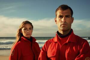 publicidade retrato tiro do uma Baywatch guardas dentro vermelho maiôs em pé juntos dentro uma Salva-vidas torre e elas Veja às a Câmera. generativo ai foto