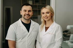 publicidade retrato tiro do uma dentista em pé juntos dentro uma dental prática e elas Veja às a Câmera. generativo ai foto