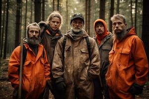 publicidade retrato tiro do uma lenhador equipe em pé juntos dentro uma floresta e elas Veja às a Câmera. generativo ai foto