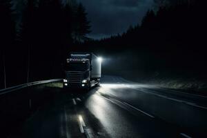 a imagem mostrar uma transporte caminhão dirigindo em uma Sombrio estrada às noite. dentro a Sombrio e temperamental fundo. generativo ai foto