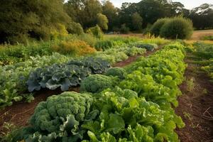 paisagem rural mostrando linhas do orgânico cultivo brócolis, couve, tomates, bagas, etc. pronto para colheita. cultivado de forma sustentável produzir. generativo ai foto