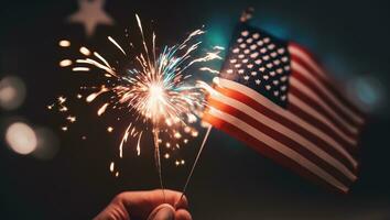 mão segurando aceso diamante dentro frente do a americano bandeira para 4º do Julho celebração. patriotismo, feriados e pessoas conceito. generativo ai. foto