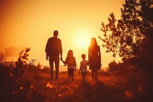 feliz jovem família mãe, pai, crianças filho e filha em natureza às pôr do sol. generativo ai foto