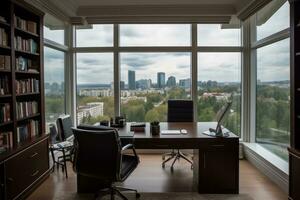 uma casa escritório com uma escrivaninha e confortável cadeiras voltado para uma ampla janela com uma tirar o fôlego Visão do a cidade. generativo ai foto