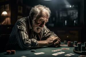 depressivo Senior homem dentro elegante vestir inclinado cabeça às pôquer mesa com triste face quando perder todos dinheiro. generativo ai foto