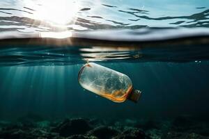 plástico garrafas e plástico bolsas flutuando dentro oceano. oceano poluição ecologia conceito. generativo ai. foto