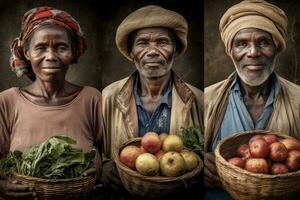 retratos do agricultores orgulhosamente segurando cestas do recém-colhido fruta, vegetais, grãos e leguminosas. seus rostos e roupas sugerir dedicação para arte, saúde, nutrição e comunidade. generativo ai foto