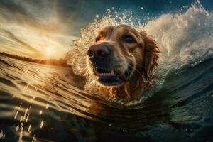 dourado retriever Diversão em grande oceano onda às pôr do sol. generativo ai. foto