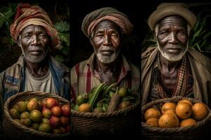 retratos do agricultores orgulhosamente segurando cestas do recém-colhido fruta, vegetais, grãos e leguminosas. seus rostos e roupas sugerir dedicação para arte, saúde, nutrição e comunidade. generativo ai foto