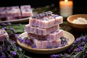 orgânico Sabonete com lavanda feito à mão às lar. ai gerado foto