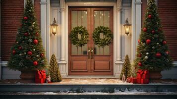 uma Natal guirlanda é suspensão em a frente porta. gerado por IA foto